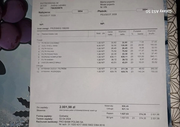 Peugeot 3008 cena 71400 przebieg: 156000, rok produkcji 2019 z Zwierzyniec małe 704